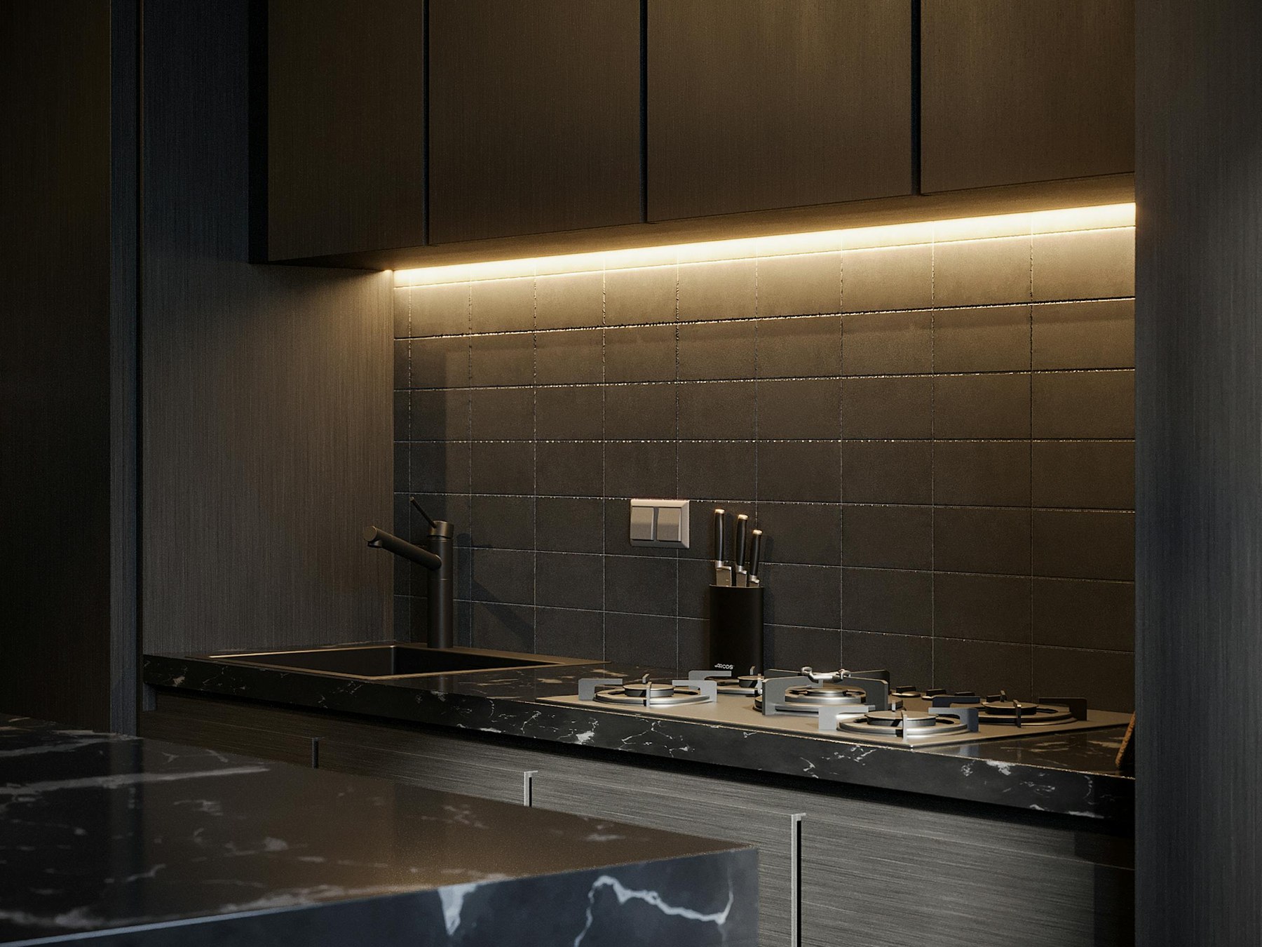 Donker dramatische keuken met zwart marmer waterfall en walnut