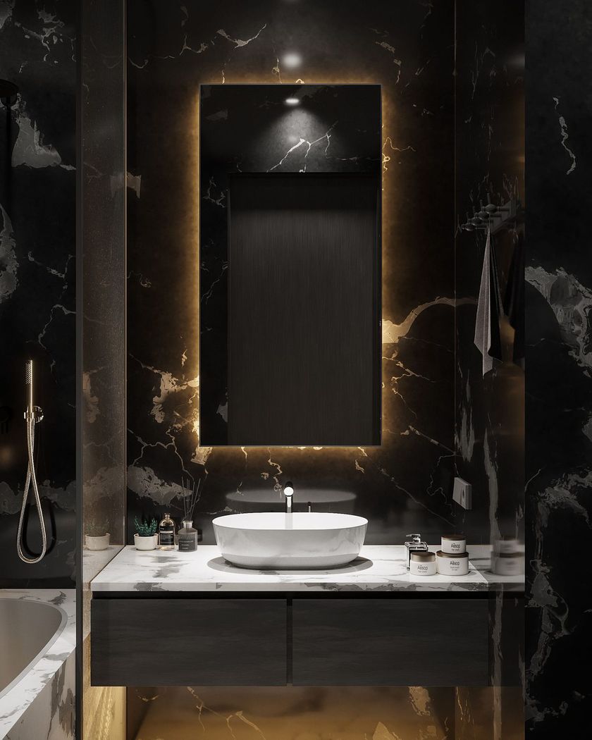 Inspiration: bathroom with black marble and a backlit mirror