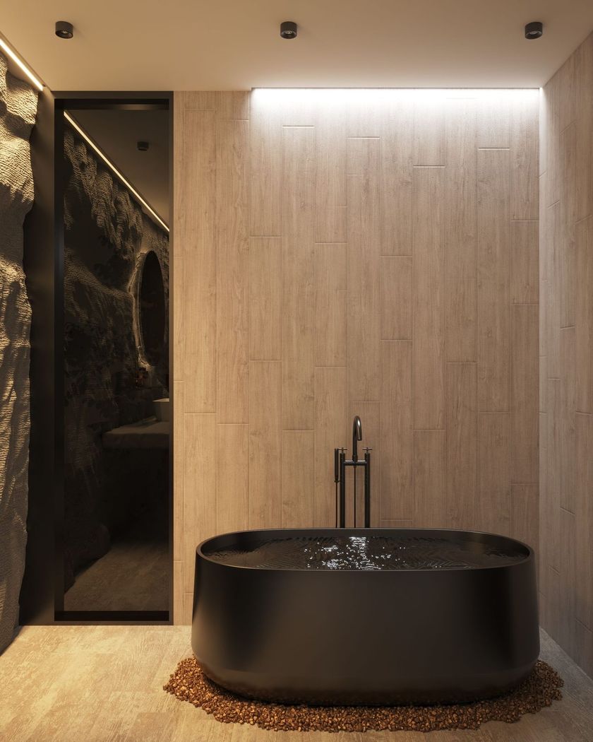 Inspiration: black freestanding bath against a wooden wall