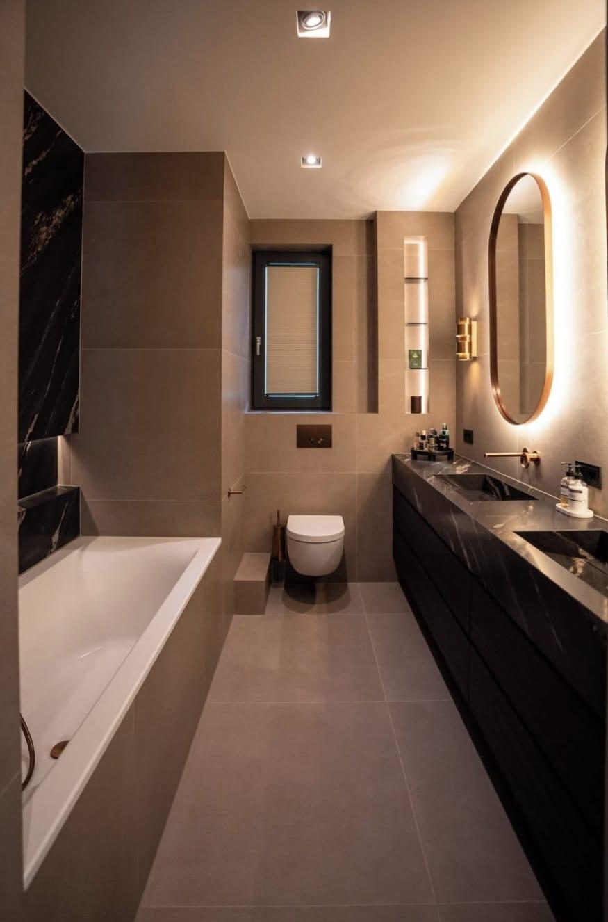Beige porselein met zwart marmer accent en walnut dubbel-vanity