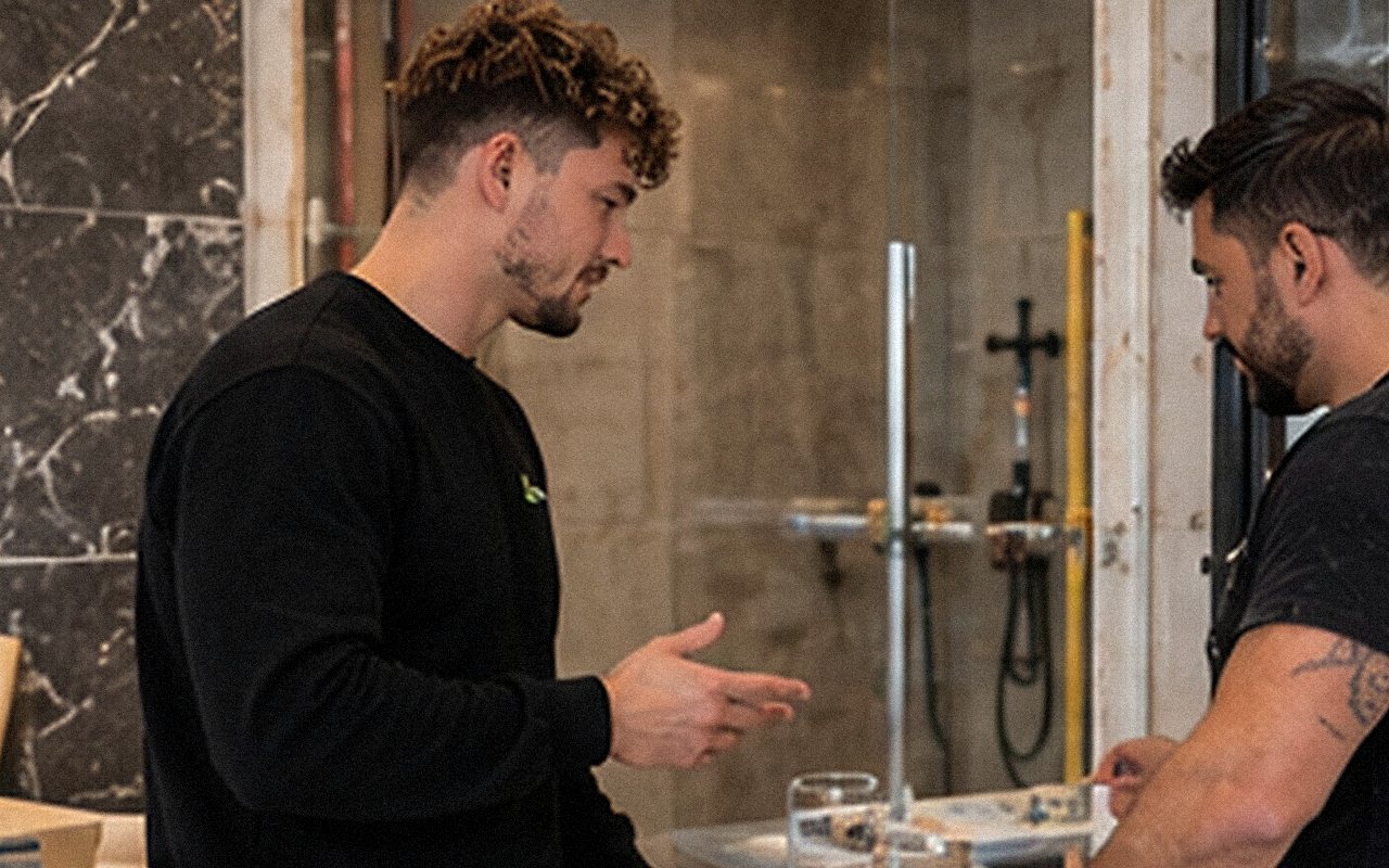 Bryce overlegt met een vakman op de bouwplaats